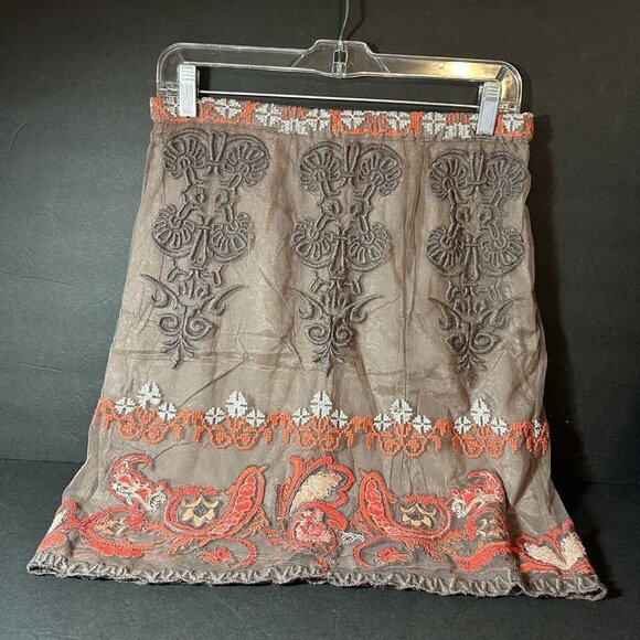 Anthropologie Yoana Baraschi Coffee Orange White Embroidered Skirt Women's SZ 4 - Picture 2 of 6